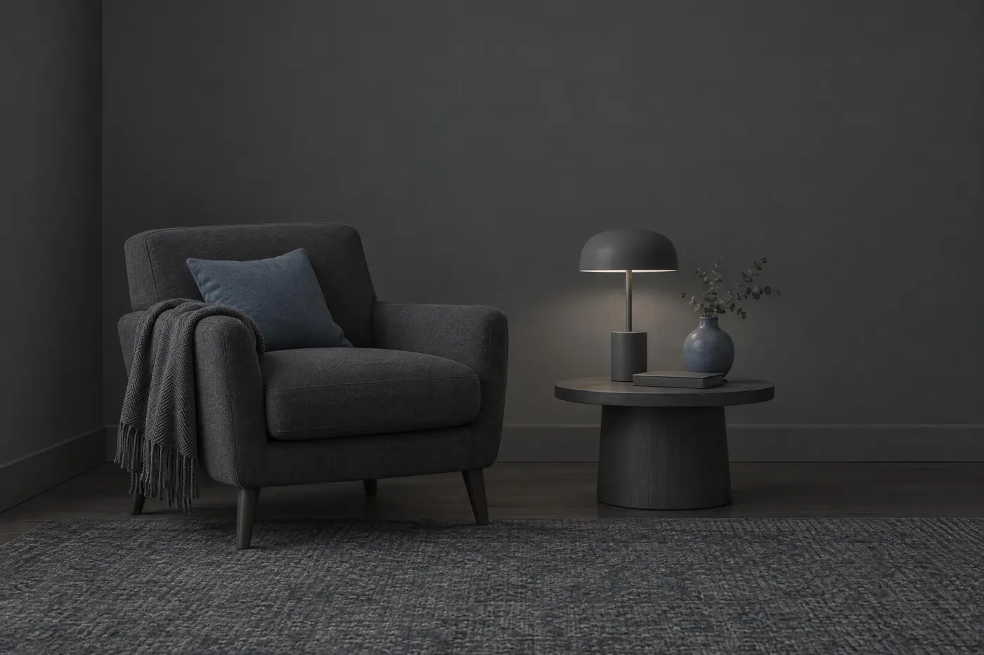 Dark Interface: Three near-black surfaces, two greys of text and one cool accent.