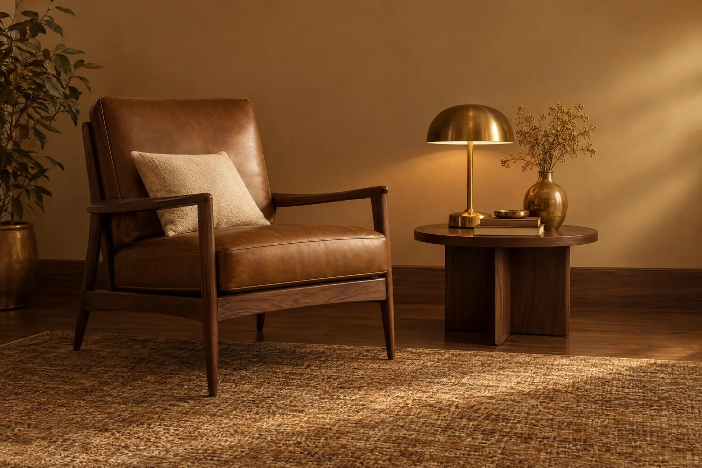Brass and Walnut: Dark wood climbing into warm metal, with one cream to lift it.