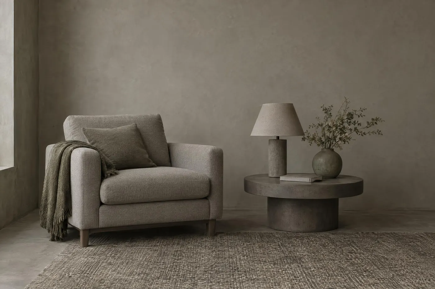 Concrete and Moss: Four warm greys with two greens growing out of the damp ones.