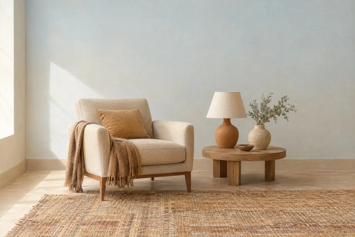 Desert Sand: Pale sand and warm clay, held down by grey green scrub and a bleached sky.