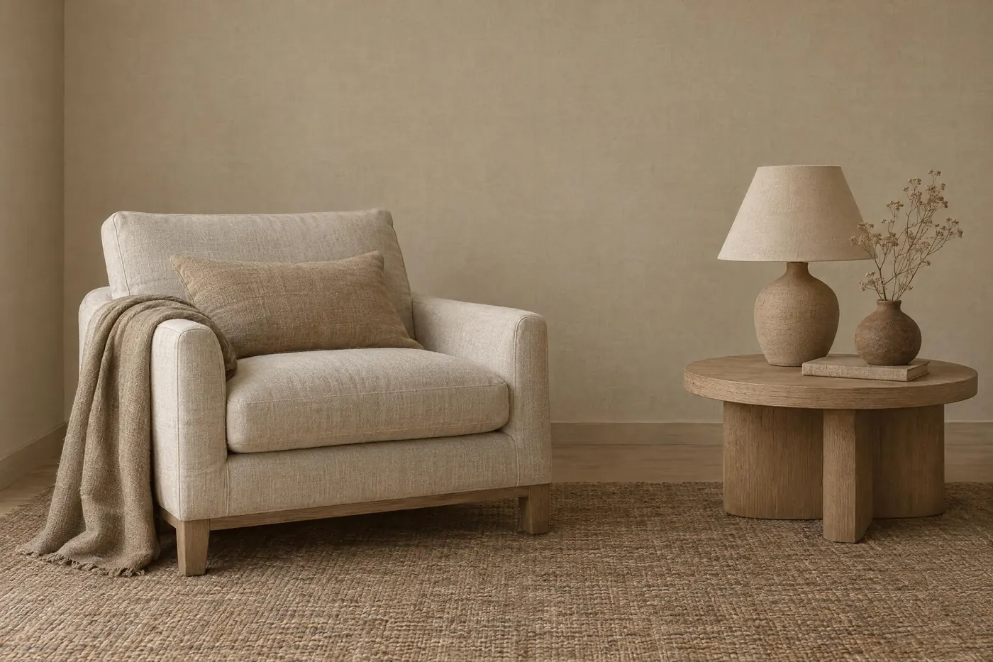 Raw Linen: Six undyed fibre tones, from bleached flax to a dark unwashed brown.