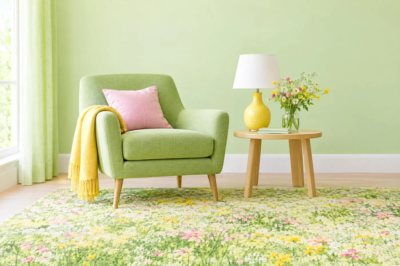Spring Meadow: Four greens climbing from pale to deep, with a buttercup yellow and a clover pink in them.