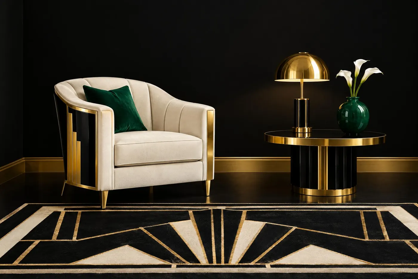 Art Deco Gold and Black: Black and polished gold, with ivory and one jewel colour to stop it becoming a logo.