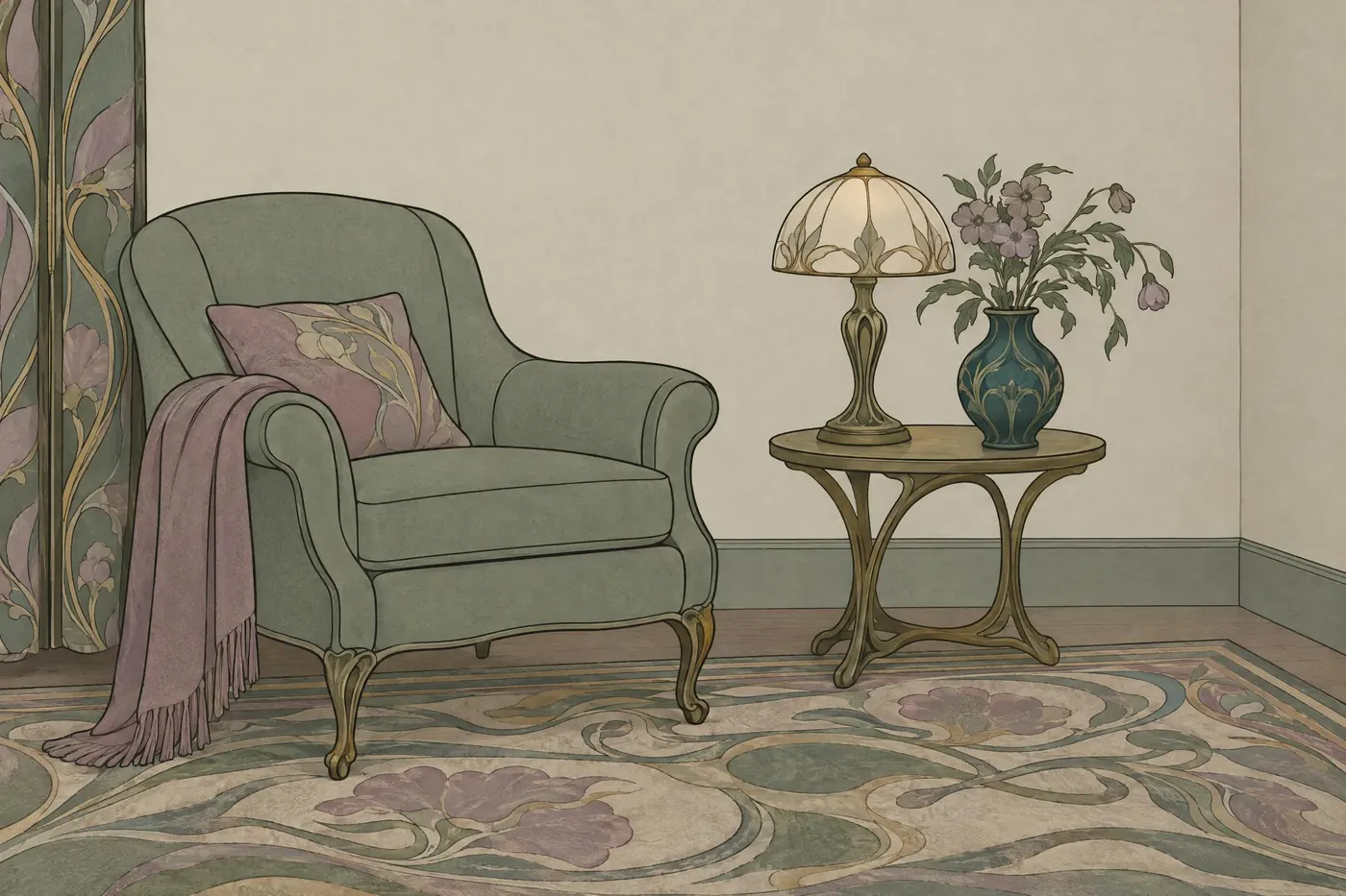 Art Nouveau Sage: Sage and soft mauve with old gold, every colour greyed down, on ivory.