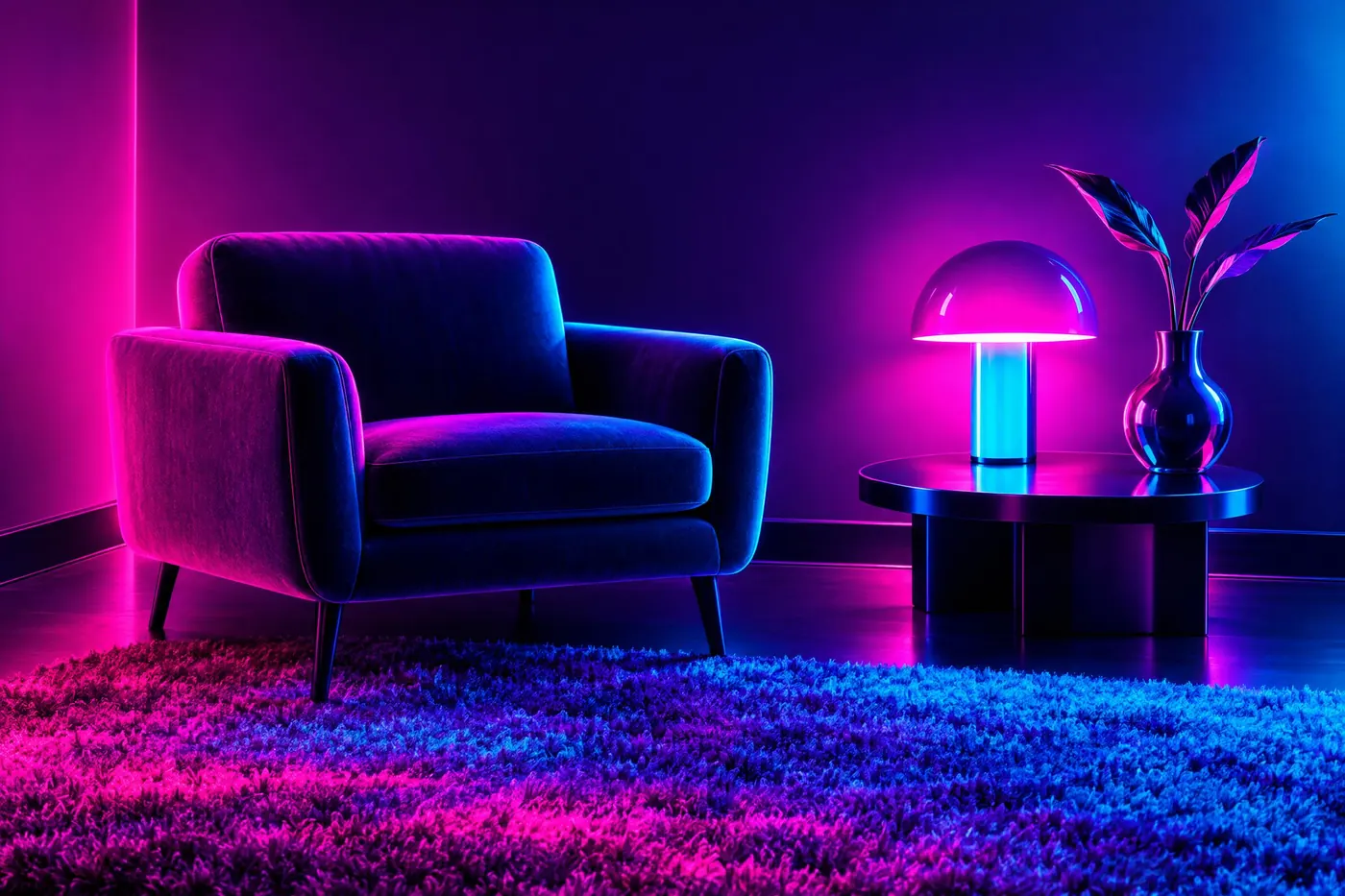 Eighties Neon: Magenta and cyan glowing on black, with violet between them and nothing neutral.