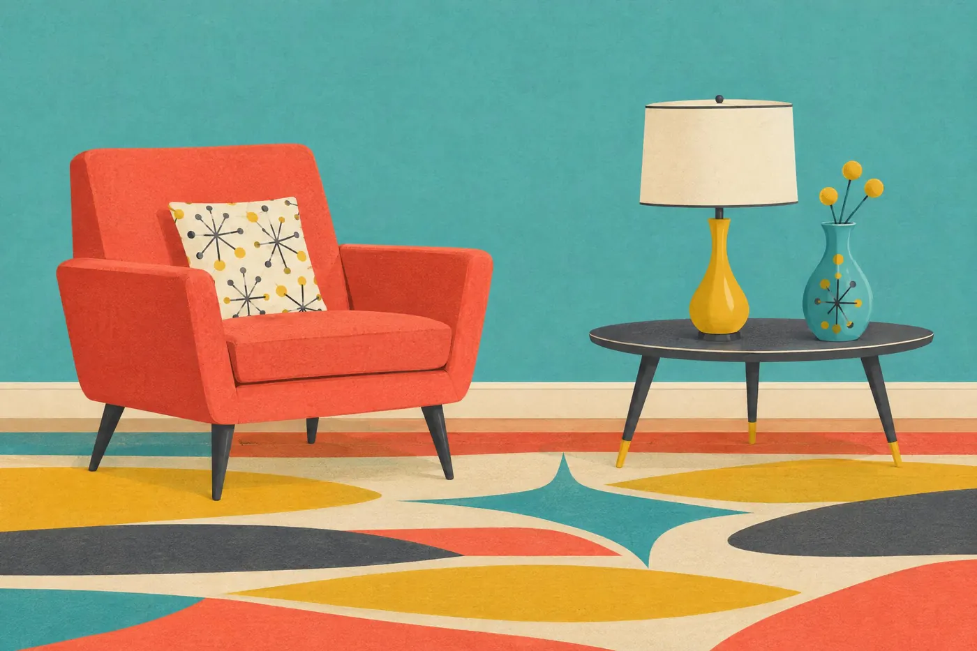 Fifties Atomic: Turquoise and coral against charcoal and cream, with mustard doing the shouting.
