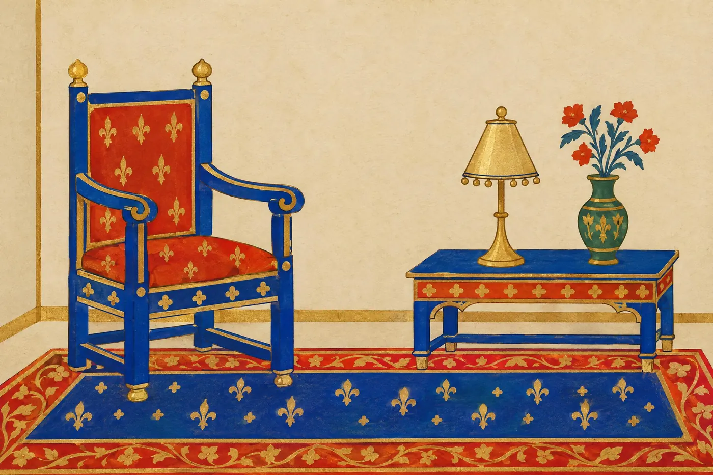 Medieval Manuscript: Lapis blue, vermilion and gold leaf laid flat on undyed vellum.