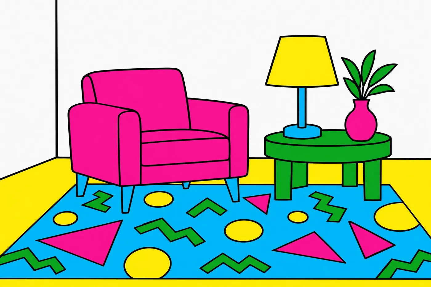 Memphis Clash: Four bright colours chosen not to go together, on white, with black doing the drawing.