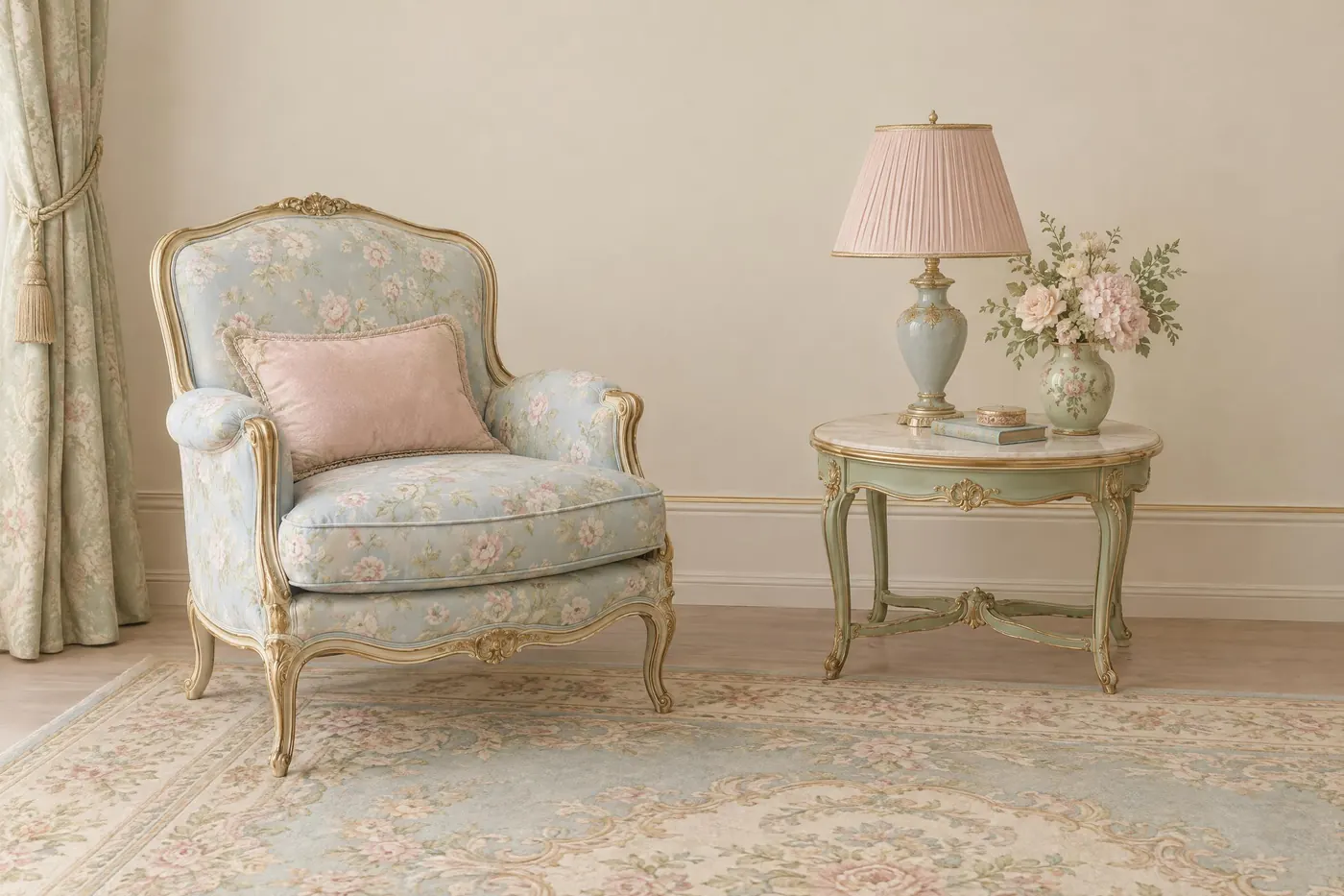 Rococo Pastel: Powder blue, rose and pistachio at half strength, held together by cream and gilt.