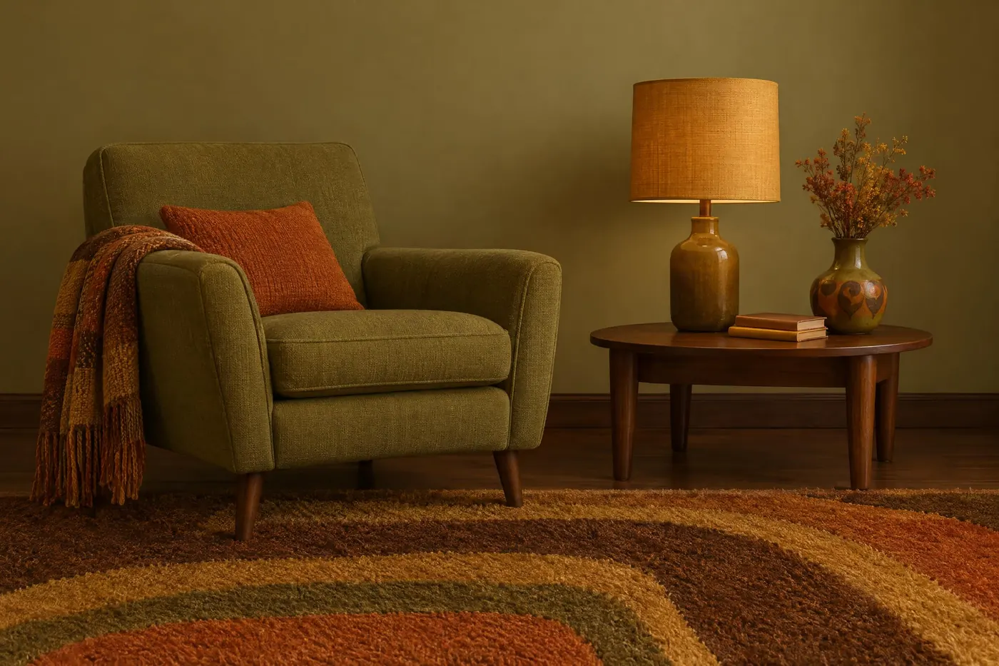 Seventies Earth: Avocado, harvest gold and burnt orange over brown, with every hue pulled toward earth.