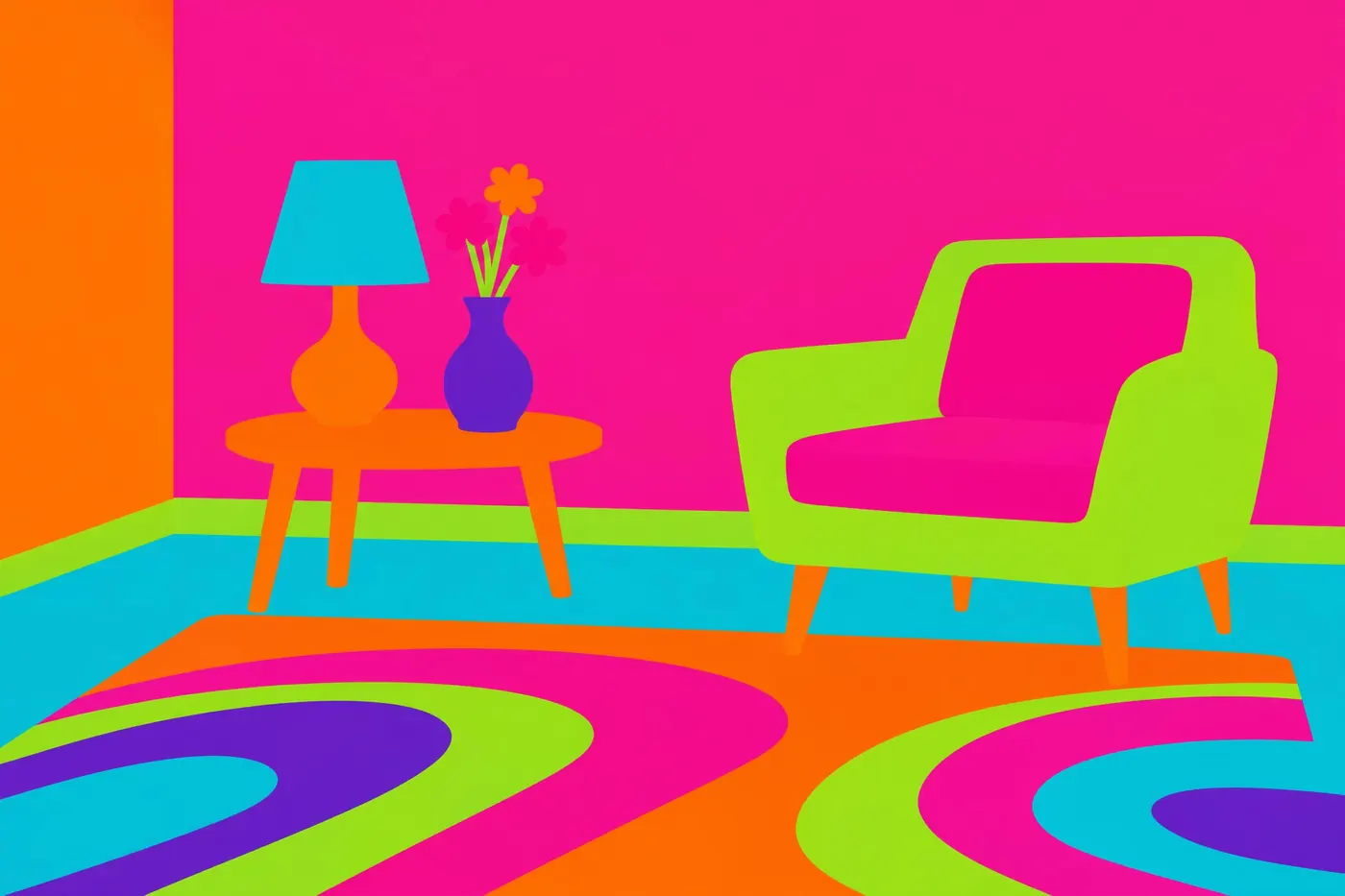 Sixties Pop: Hot pink, orange and lime at full strength, flat, with nothing to calm them down.