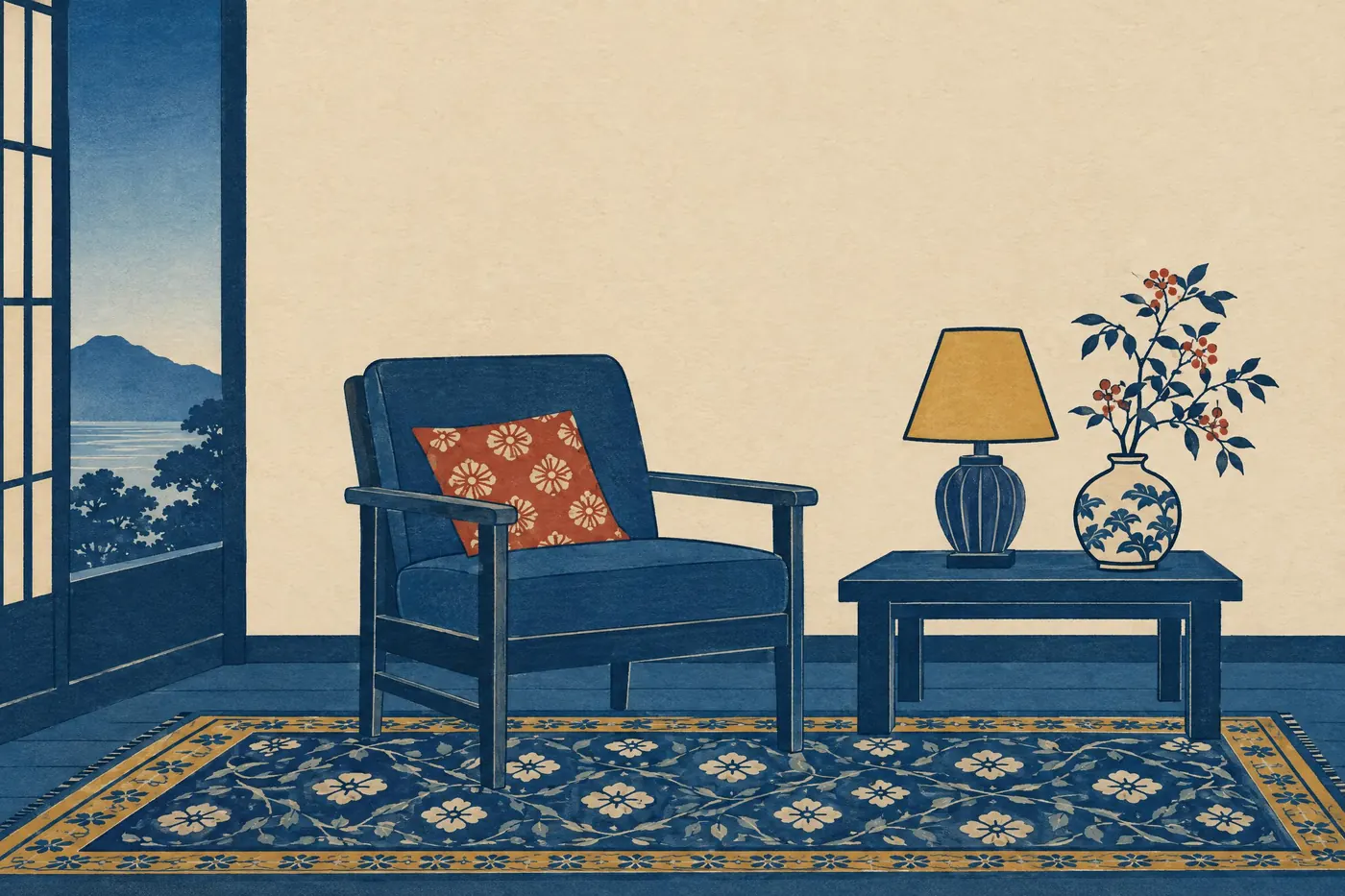 Ukiyo-e Indigo: Two blues carrying the picture, with one earth red and a dull mustard as accents.