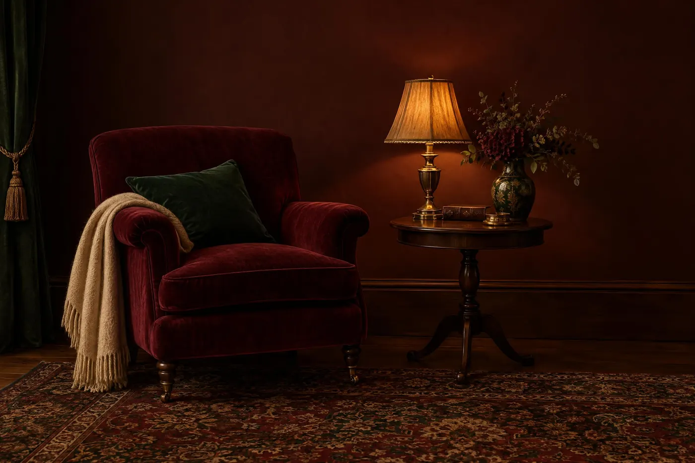 Victorian Parlour: Burgundy, bottle green and walnut lit low, with dull gold as the only bright thing.