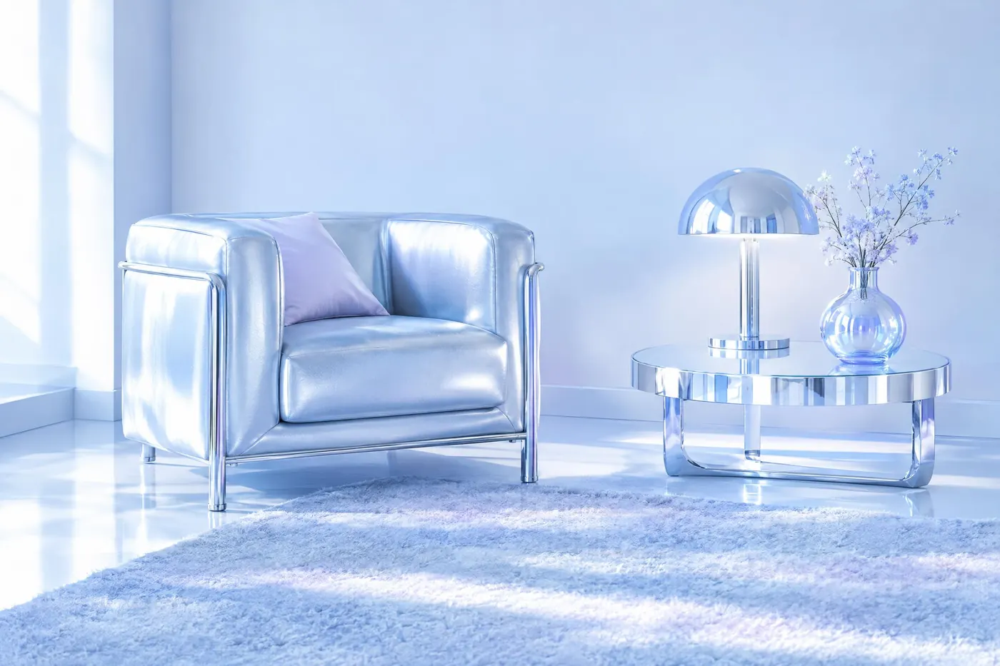 Y2K Chrome and Ice: Brushed silver and ice blue with a lilac tint, lit from every side at once.