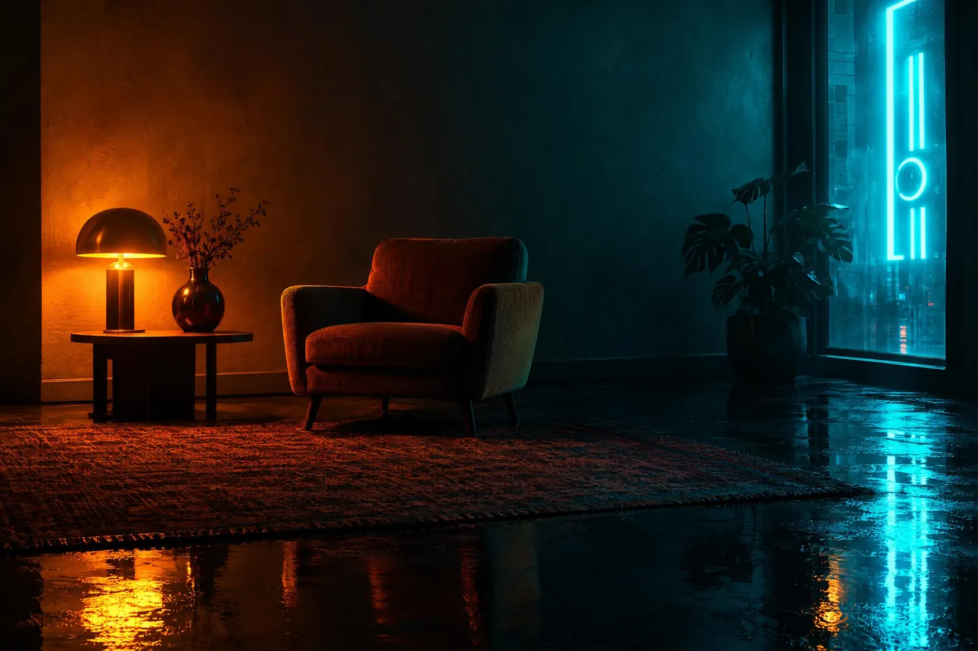 Amber and Cyan: Amber light sources against cyan haze, on a black wet ground.