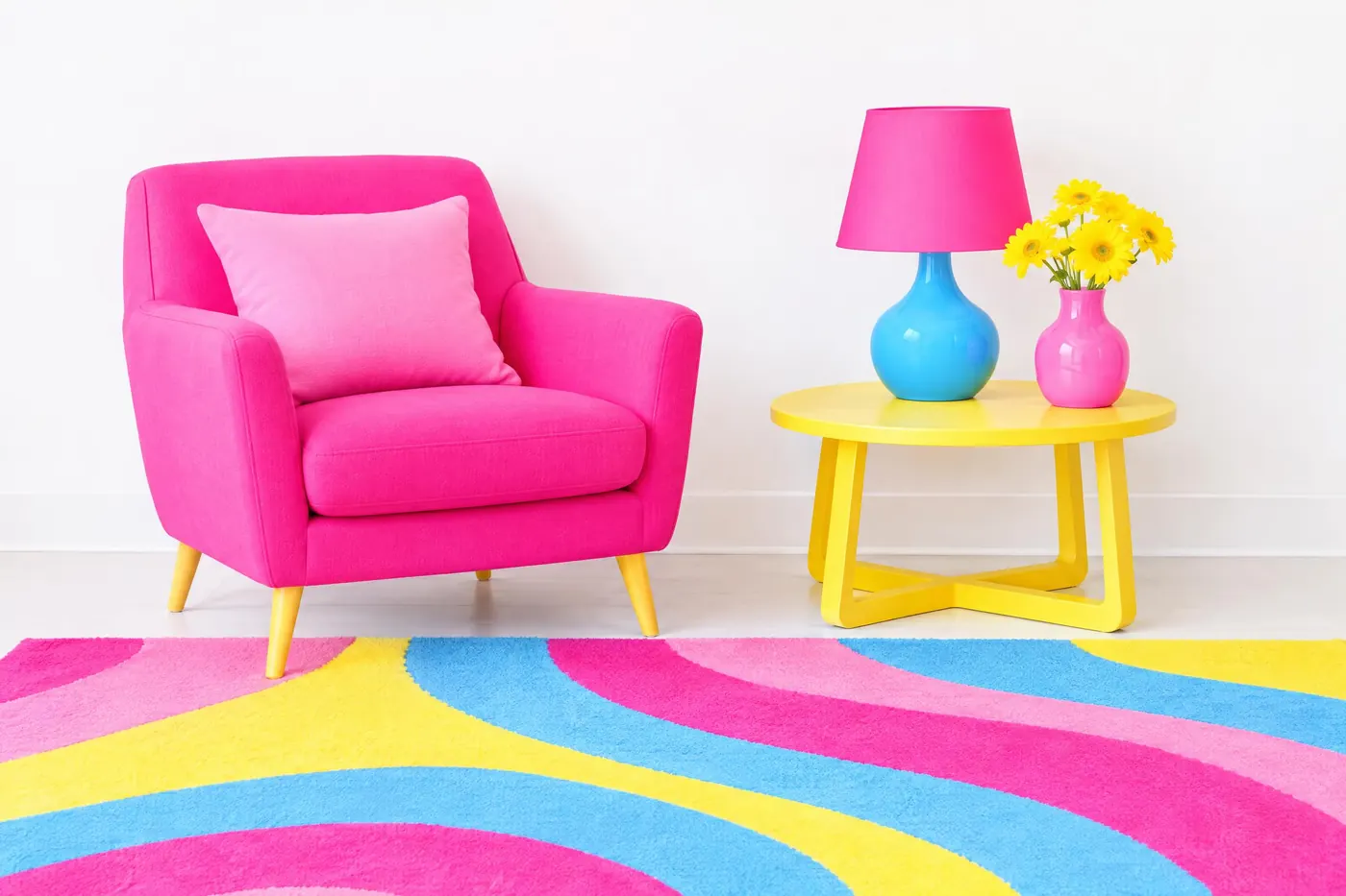 Bubblegum Pop: Hot pink leading, sky blue supporting, and nothing darker than a mid tone.
