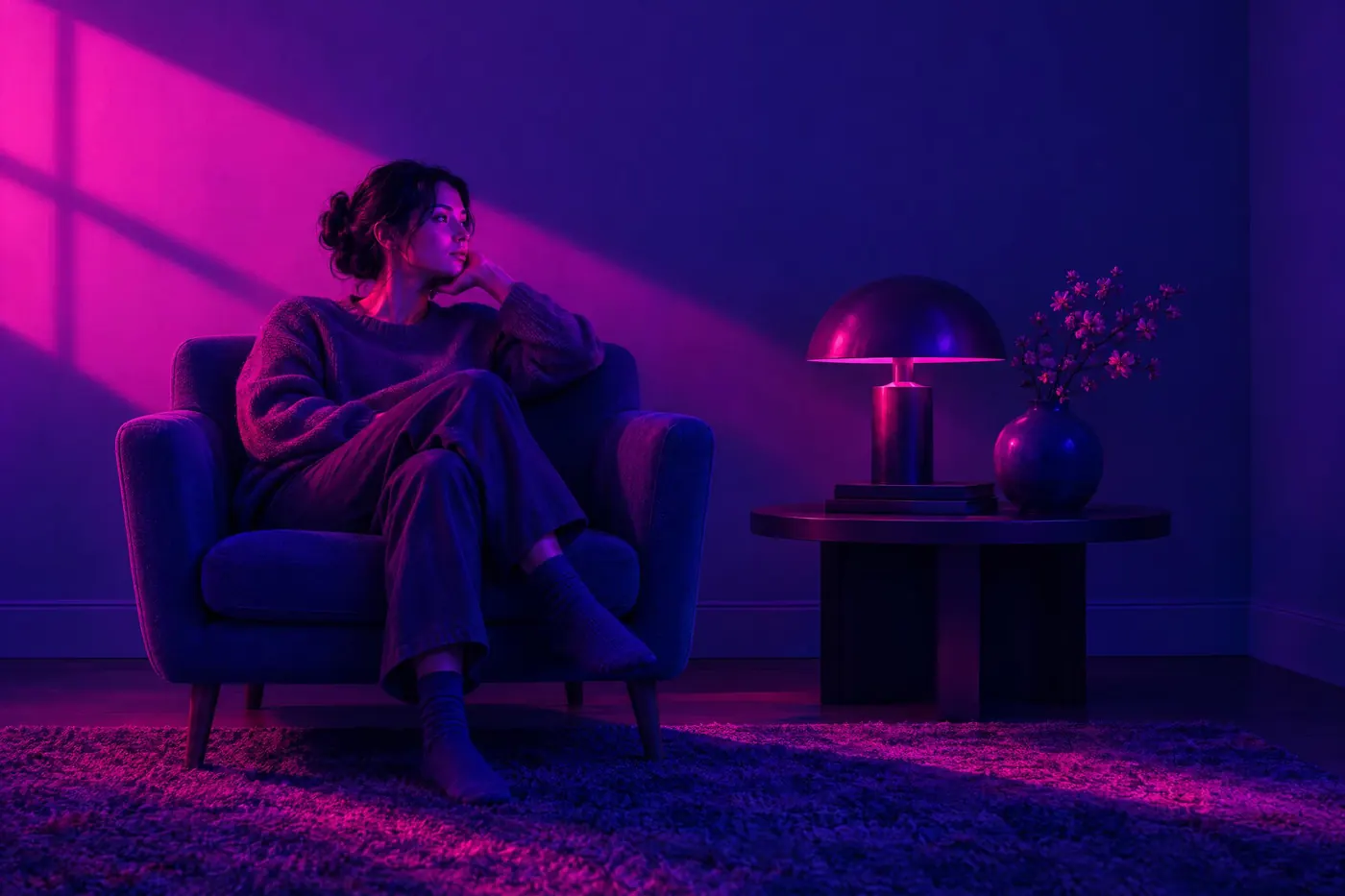 Night Blue and Magenta: A deep indigo night with magenta light cutting across it.