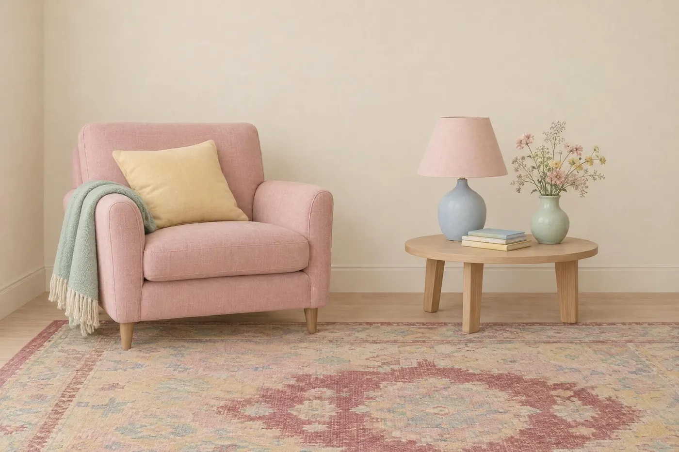 Pastel Symmetry: Chalky pastels in flat even light, with one muted deep colour to anchor them.