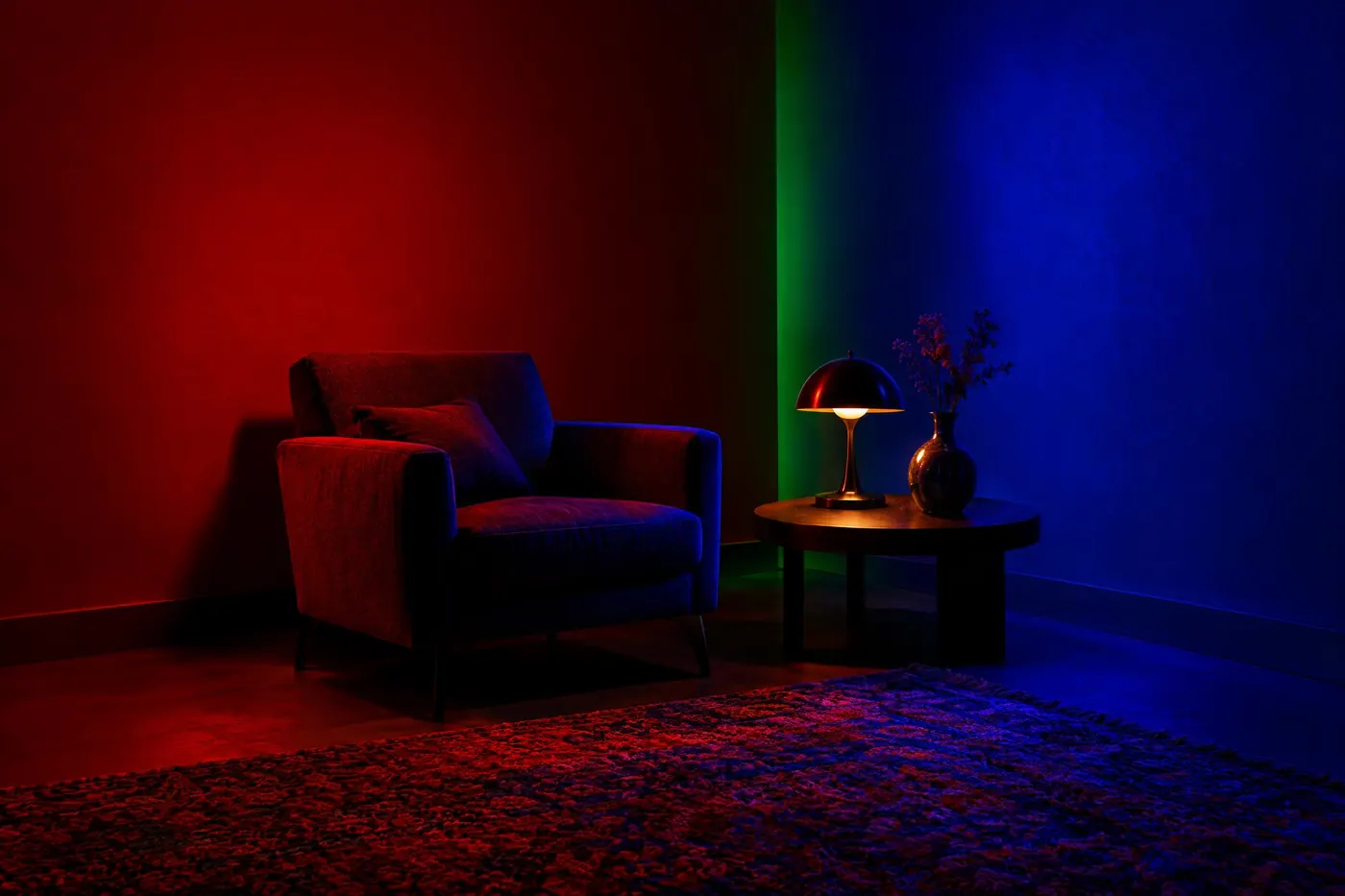 Primary Gel Wash: Saturated coloured light thrown across a dark room, one hue per surface.