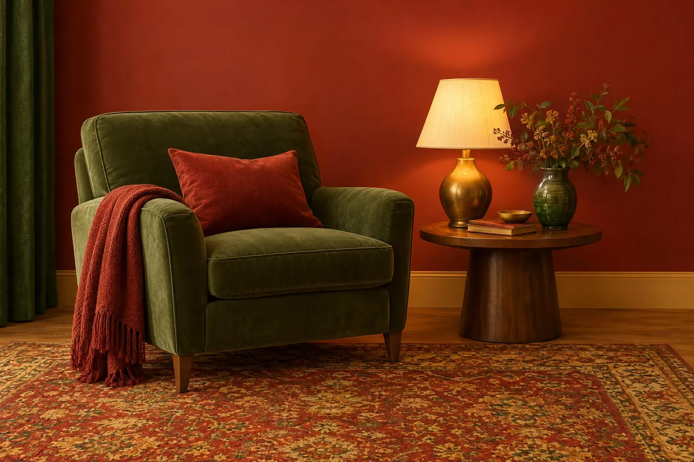 Red and Green Glow: Warm red and bottle green held together by gold, with every surface kept warm.
