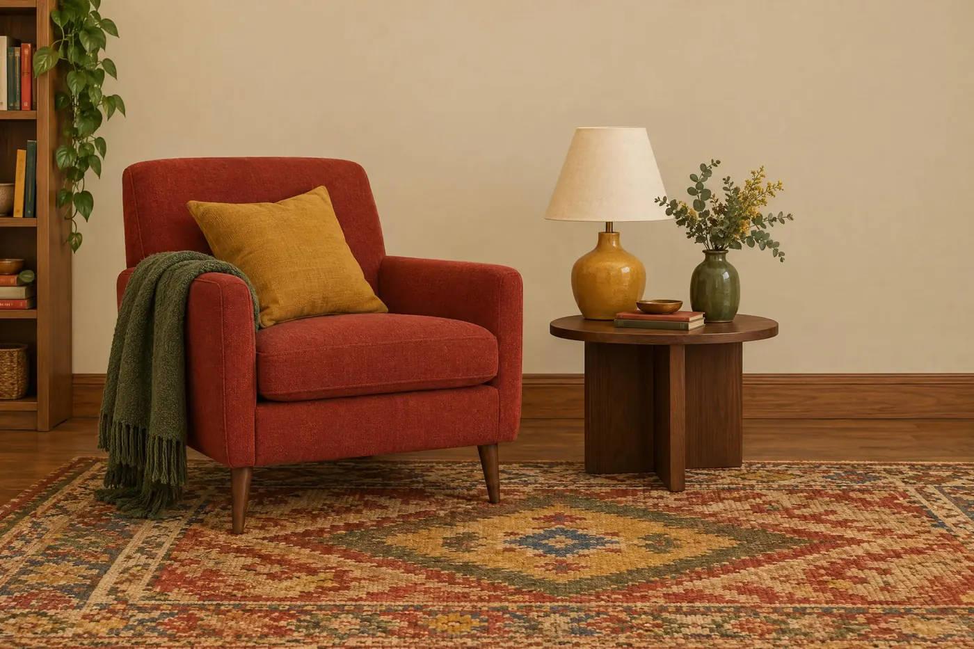 Sitcom Brights: Warm primaries on wood and cream, lit flat so nothing falls into shadow.