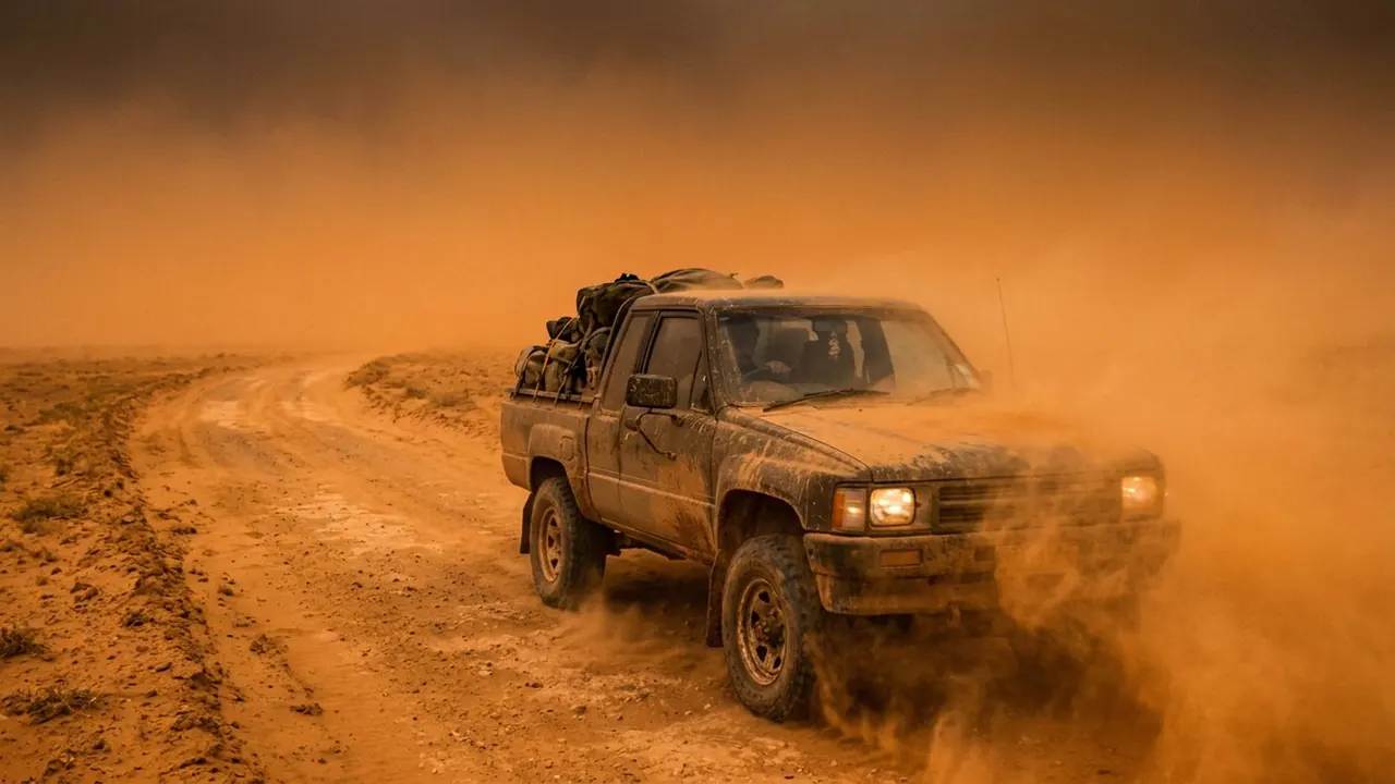 Dust and Sand: Driven dust fills the air and eats the distance.