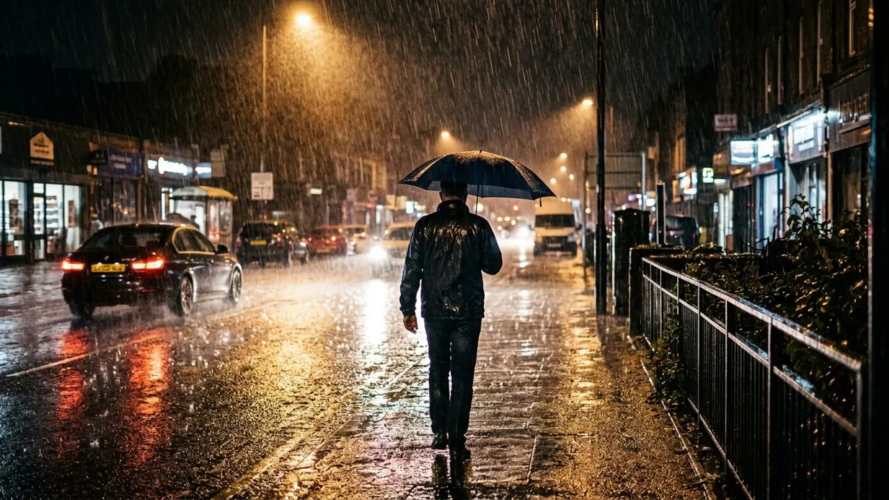Rain: Falling water streaks the air and puts light on every surface.