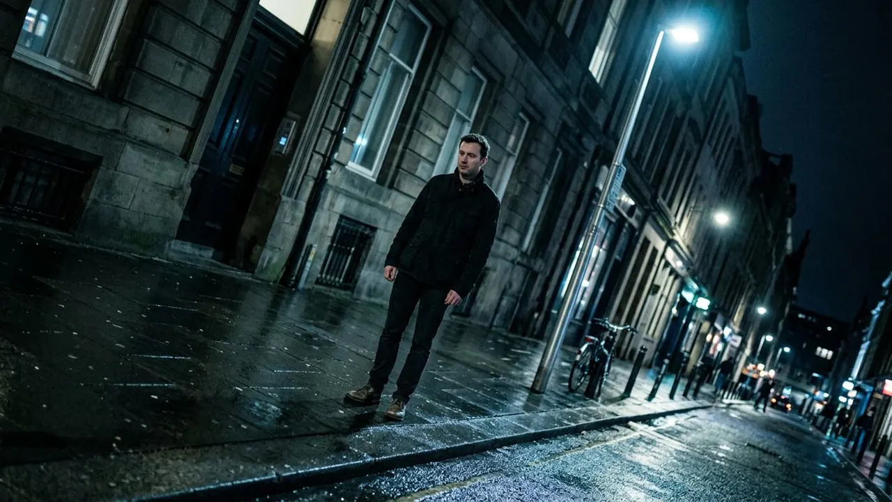 Dutch Angle: The camera holds a fixed cant, so the horizon sits off level for the whole shot.