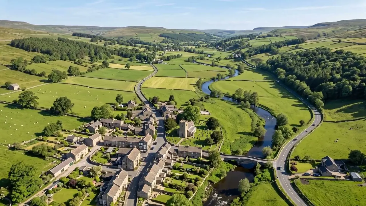 Aerial: A high wide view from the air, moving slowly over a landscape.