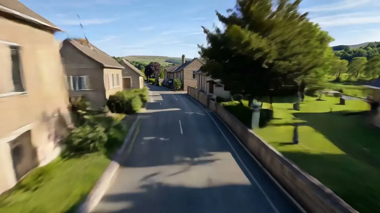 FPV Drone: A racing drone weaves fast and close through the space.