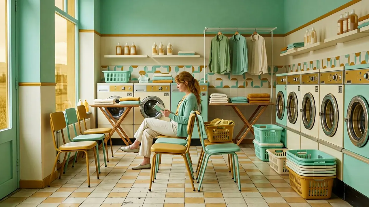 Palette: The frame is restricted to a small set of colours that repeat.