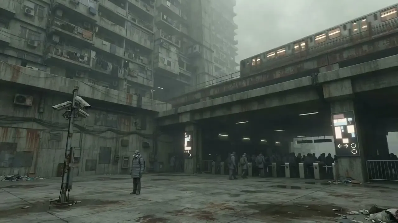 Dystopian: A worn future where the systems still run but nothing is cared for.