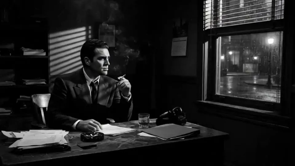 Film Noir: Hard shadow, venetian blinds, and a world lit at night.