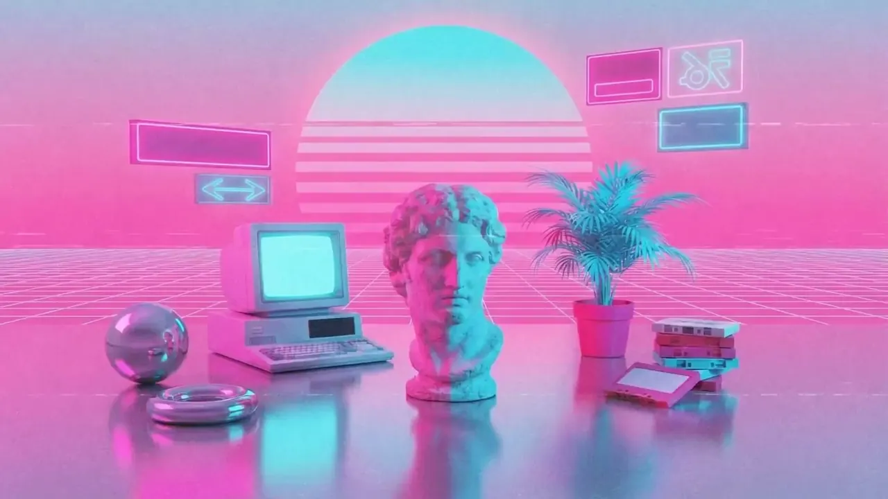 Vaporwave: Eighties consumer imagery in pink and cyan, arranged as nostalgia.
