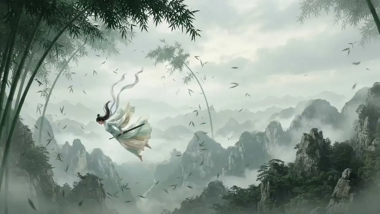 Wuxia: Martial movement rendered weightless, in wide painterly landscape.