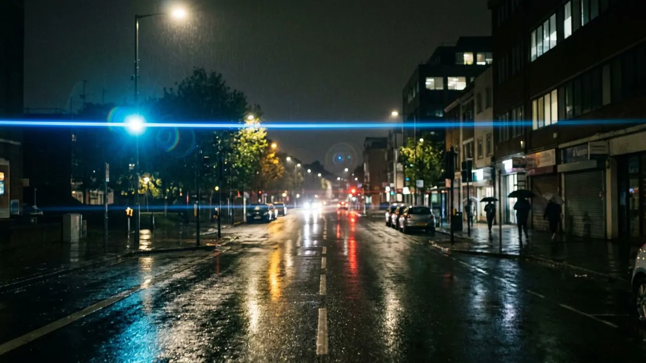 Anamorphic Flare: A bright source throws a long horizontal streak across the frame.