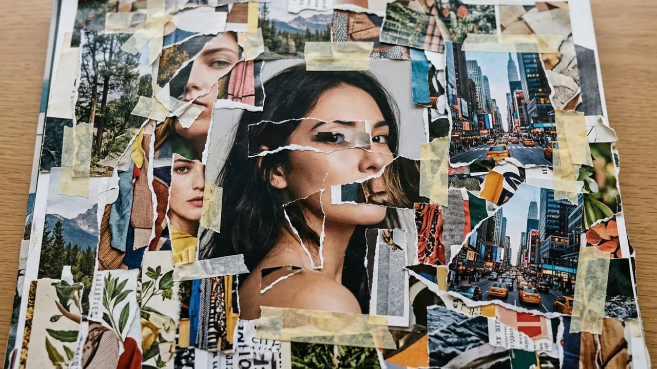 Collage: Cut paper, photographs and scraps are layered over the image.