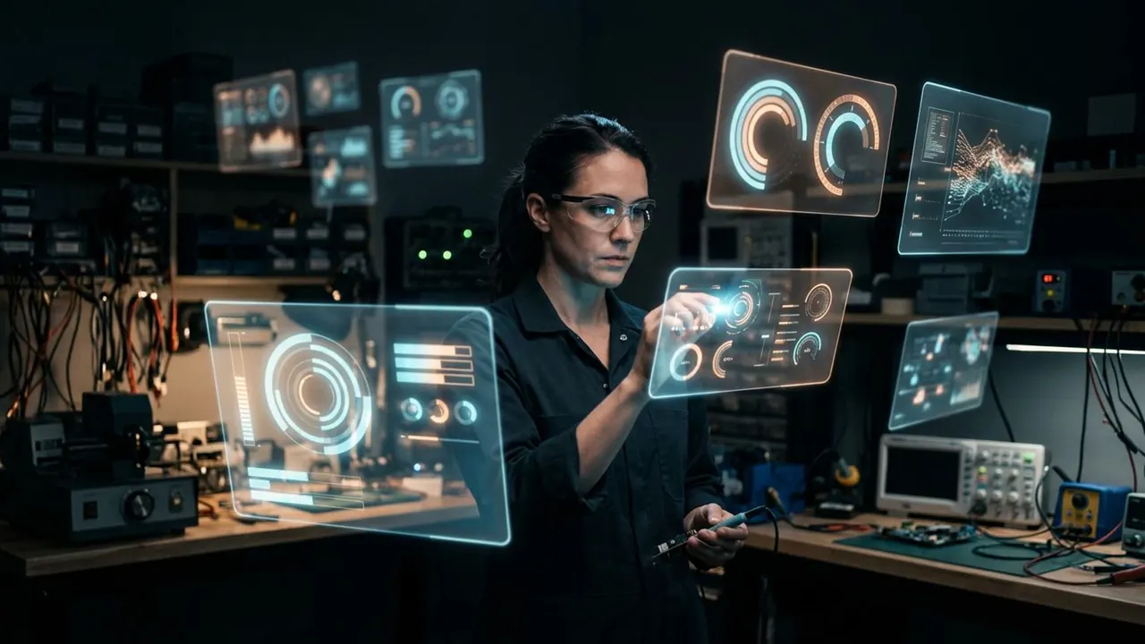 Floating UI: Interface panels hang in the air around the subject.