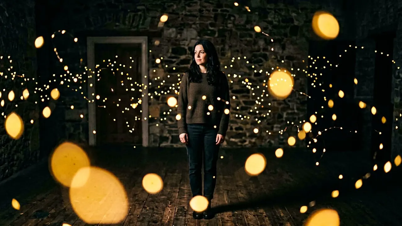 Particles: Small glowing points drift through the air around the subject.