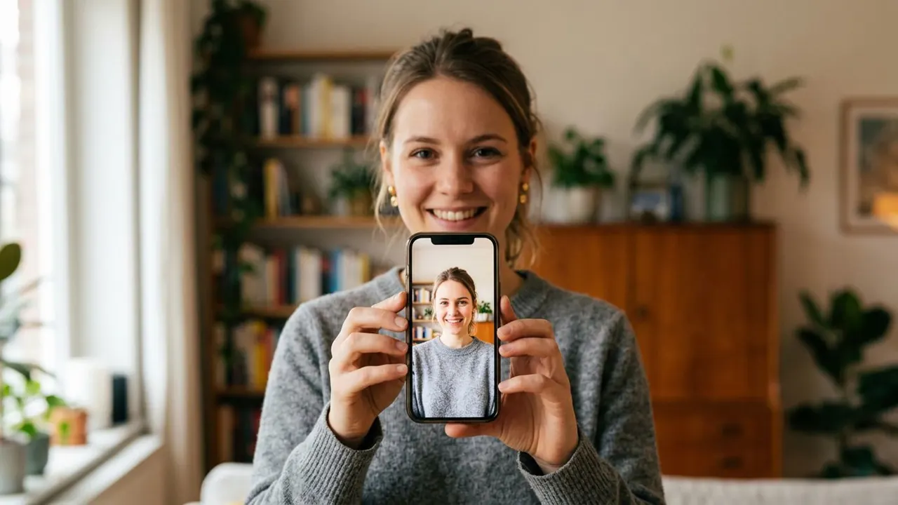 Selfie Twin: A phone screen shows a second version of the person holding it.