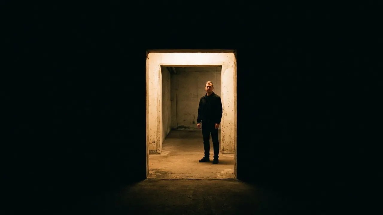 Shadow Box: A figure is framed inside a lit opening against darkness.
