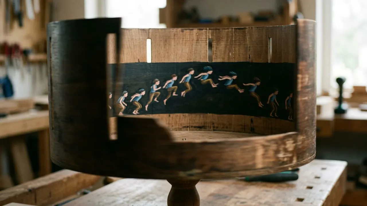 Zoetrope: Repeated figures in sequence make a single movement when they pass.