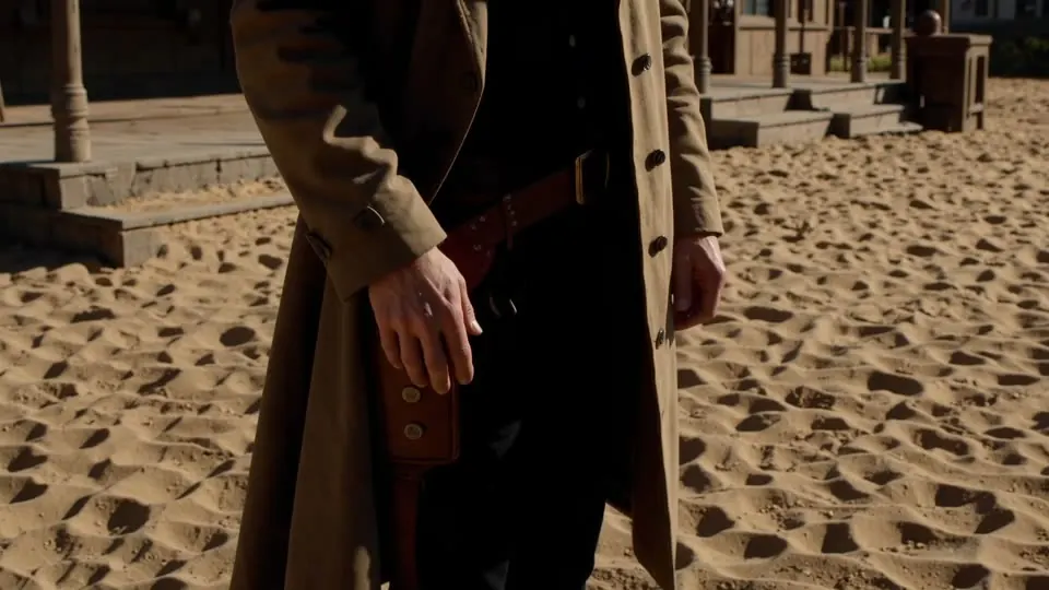 Cowboy Shot: The frame cuts at mid-thigh, so a holster or the hands stay in view.