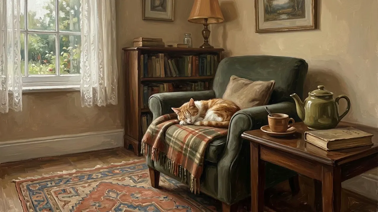 Agamemnon: An ordinary interior painted with warm realist brushwork.