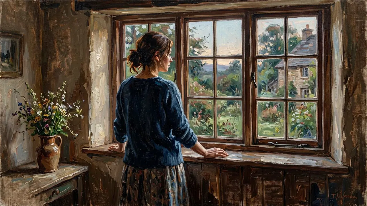 Canvas: The whole frame carries the weave and brushwork of a painting.