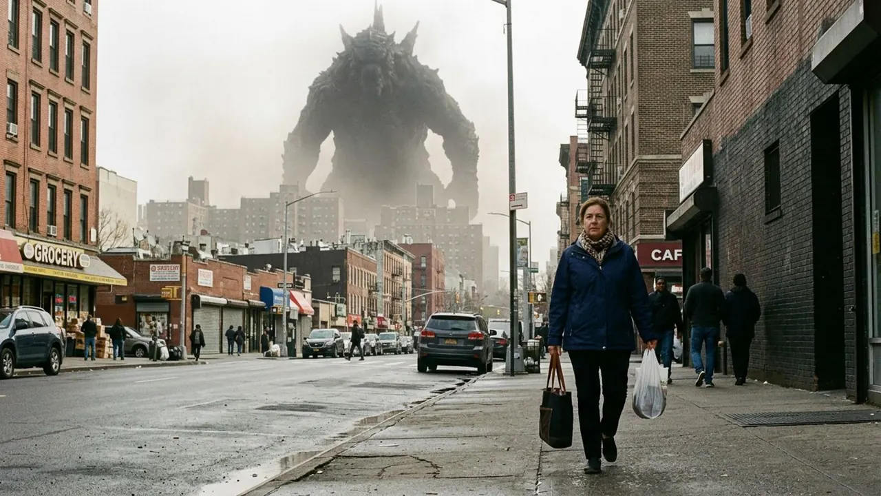 Casual Monster Slayer: An ordinary person walks calmly while something enormous looms behind.