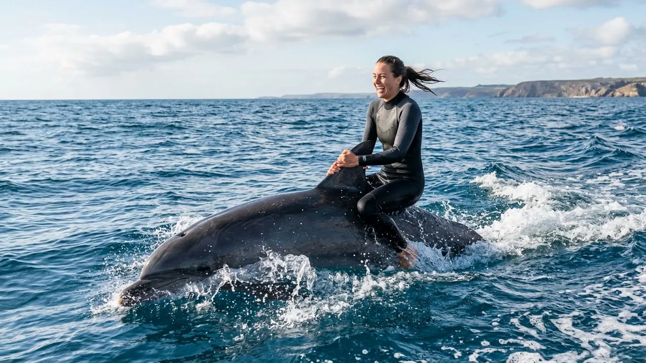 Dolphin Ride: A person rides a large sea animal across open water.