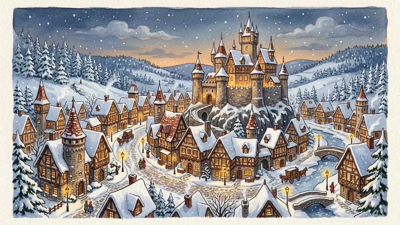 Fairytale Castle: A storybook castle town under snow, lit like an illustration.