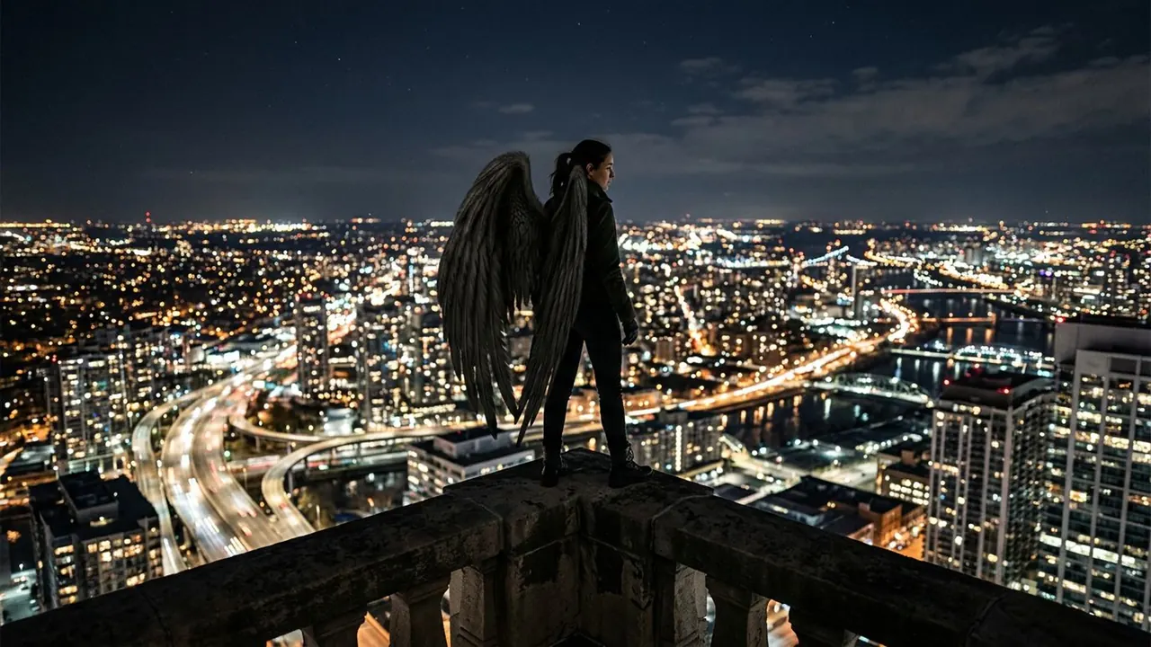 Fallen Angel: A winged figure stands above a city at night.