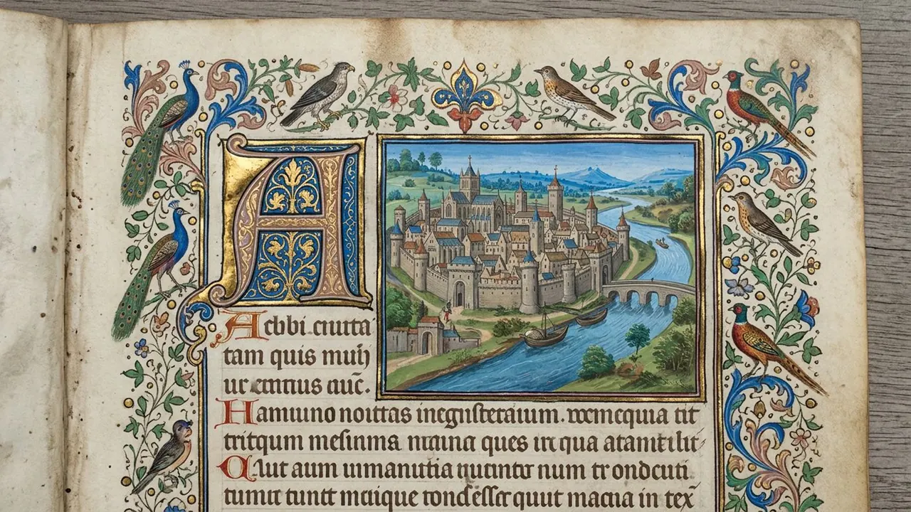Knight's Diary: The scene sits inside an aged illuminated manuscript page.